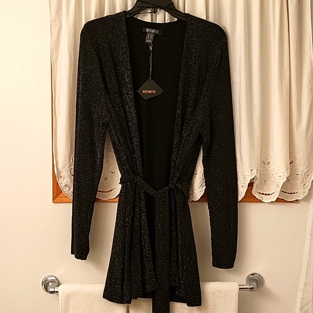 NEW Revamped Metallic Sparkle Cardigan, Black, Belt, M